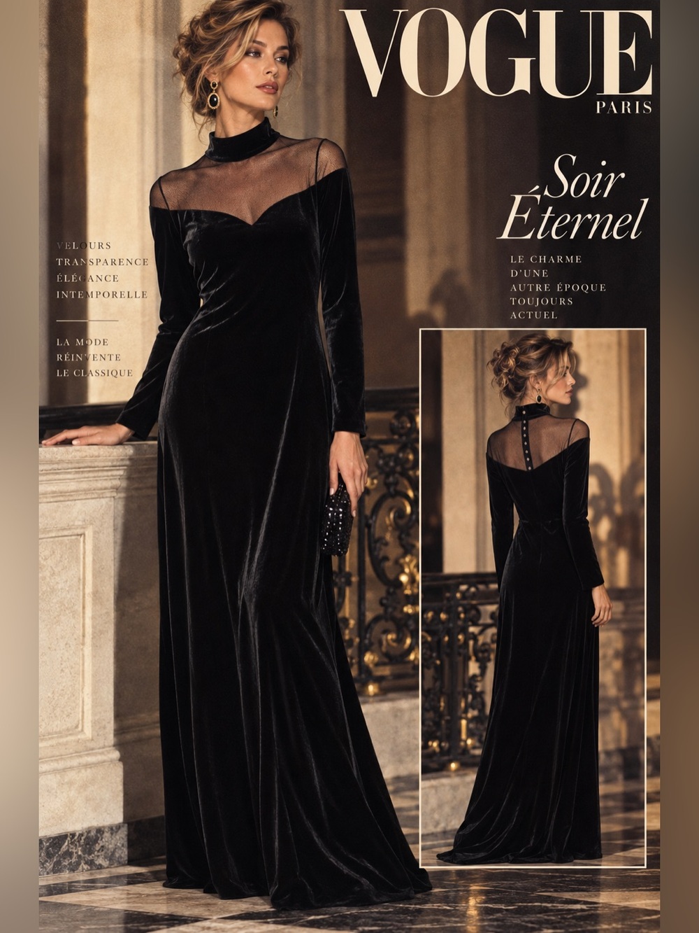 Vintage 90’s Elegant Black Velvet Long-Sleeve Evening Dress with Sheer Yoke - Picture 2 of 9